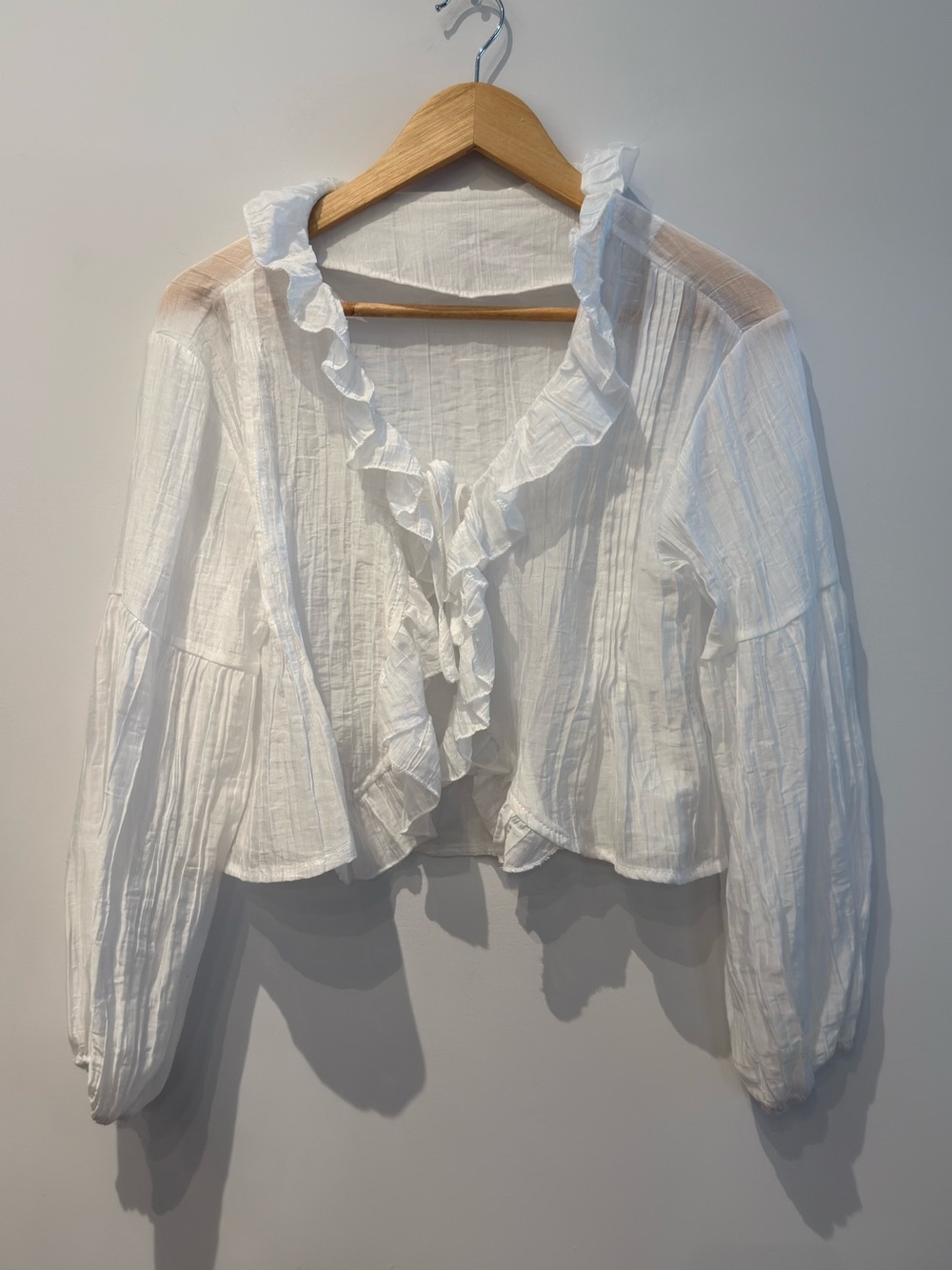 White Ruffle Textured Cropped with Front-Tie Long Sleeve Blouse